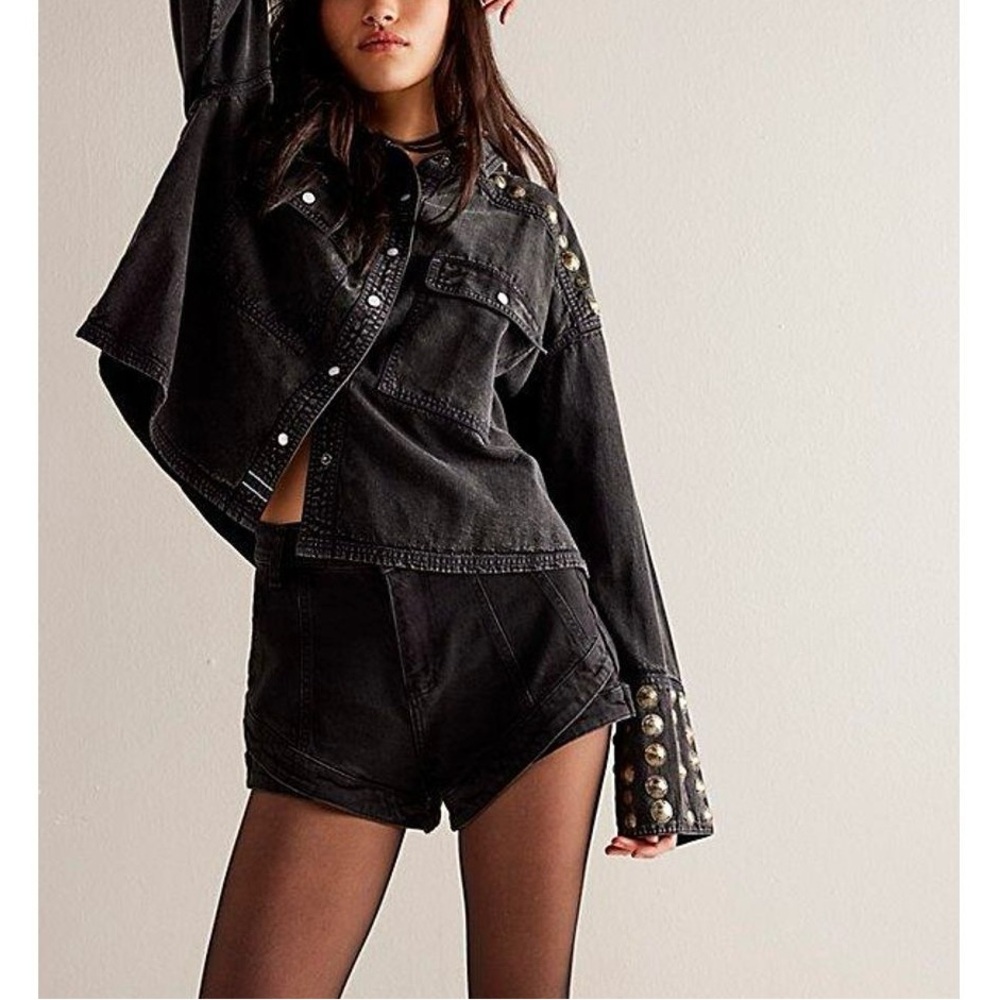 Free People We The Free Austin Denim Top Jacket Midnight Wash Black Embellished